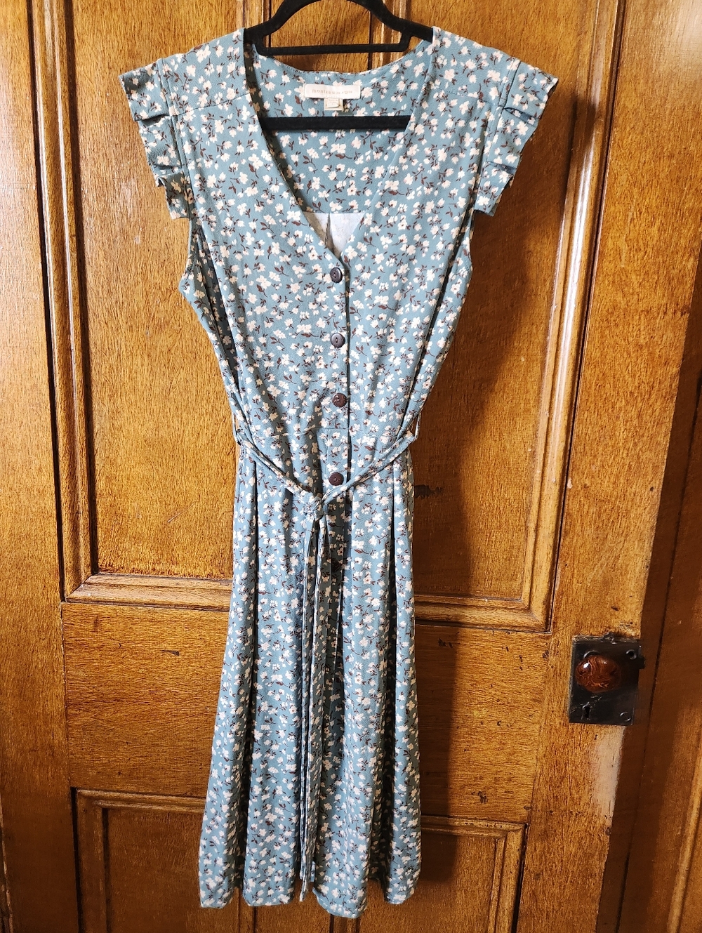 Teal Floral Button-Front Dress with Waist Tie